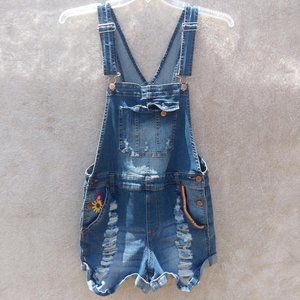 Embroidered jean overall romper